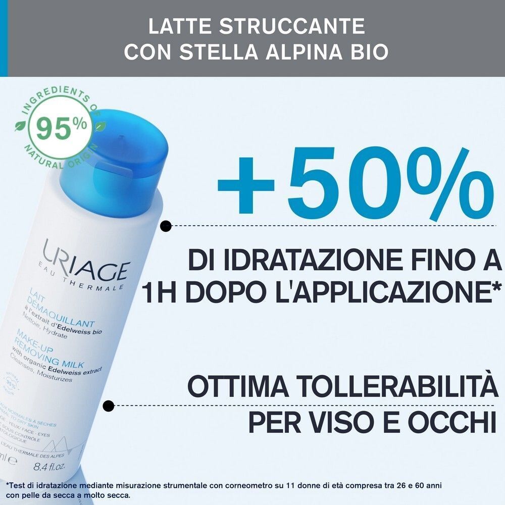 Flacone di Latte Struccante URIAGE, 95% ingredienti naturali, idratante.