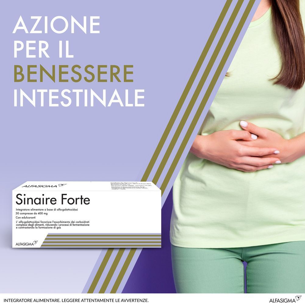 Confezione Sinaire Forte e persona che si tiene l'addome.