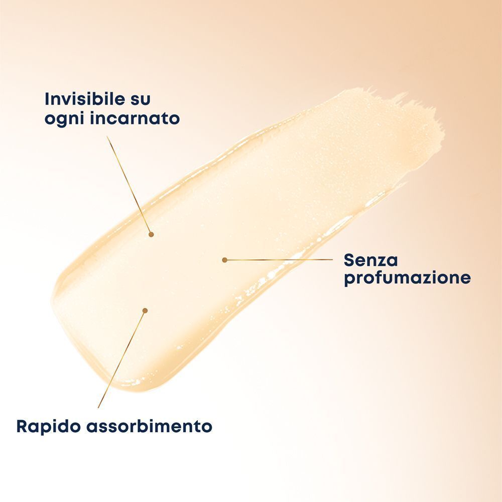 Campione di balsamo con etichette: Invisibile su ogni incarnato, Rapido assorbimento, Senza profumazione.
