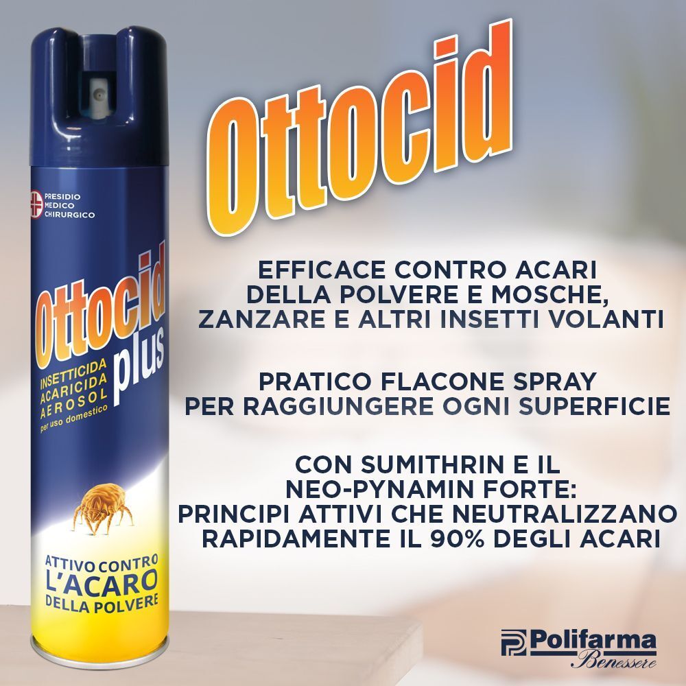 Bomboletta spray Ottocid Plus con testo sull'efficacia contro acari e insetti.
