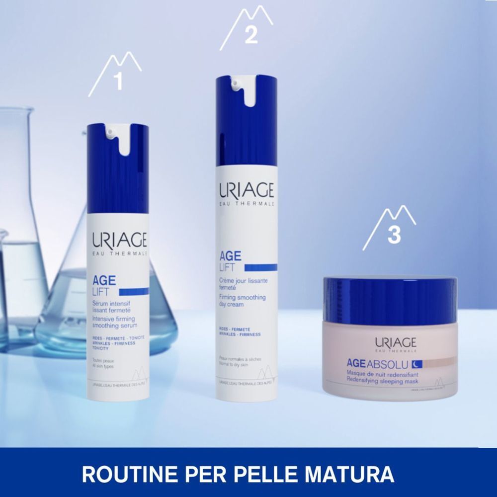 Routine Uriage Age Lift per pelli mature: siero, crema giorno e crema notte.