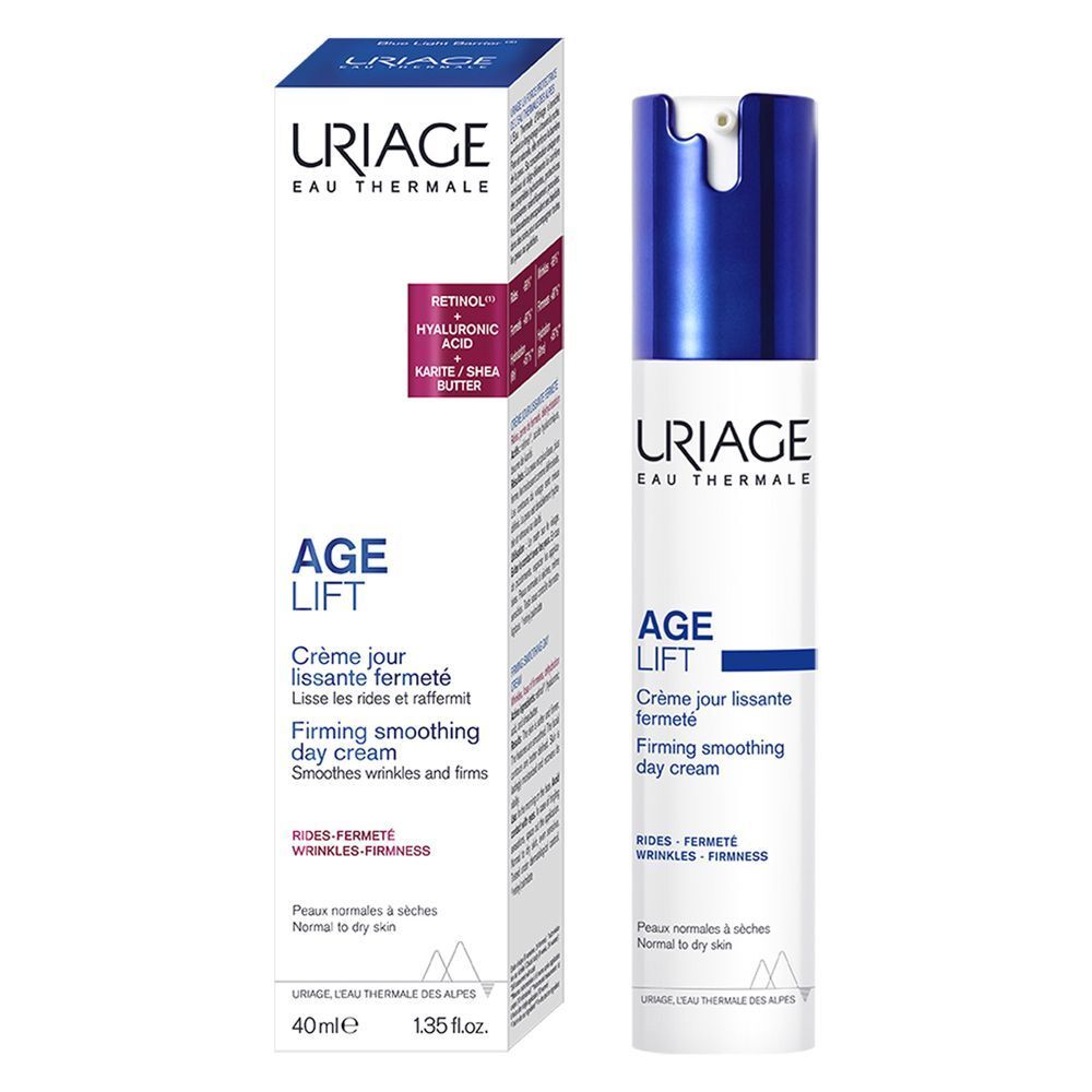 Dispenser e scatola della crema giorno Uriage Age Lift, con ingredienti visibili come il retinolo.