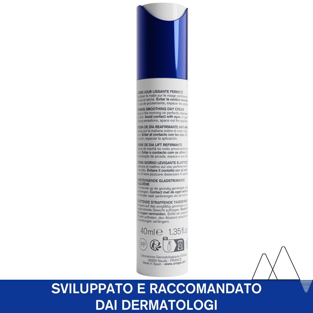 Retro di un dispenser airless bianco con tappo blu, che mostra Uriage Age Lift.