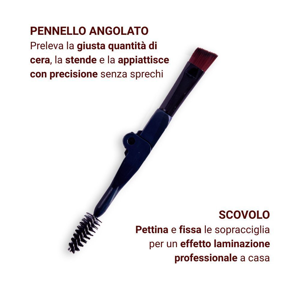 Pennello angolato con setole scure e spazzolino per sopracciglia su manico scuro.