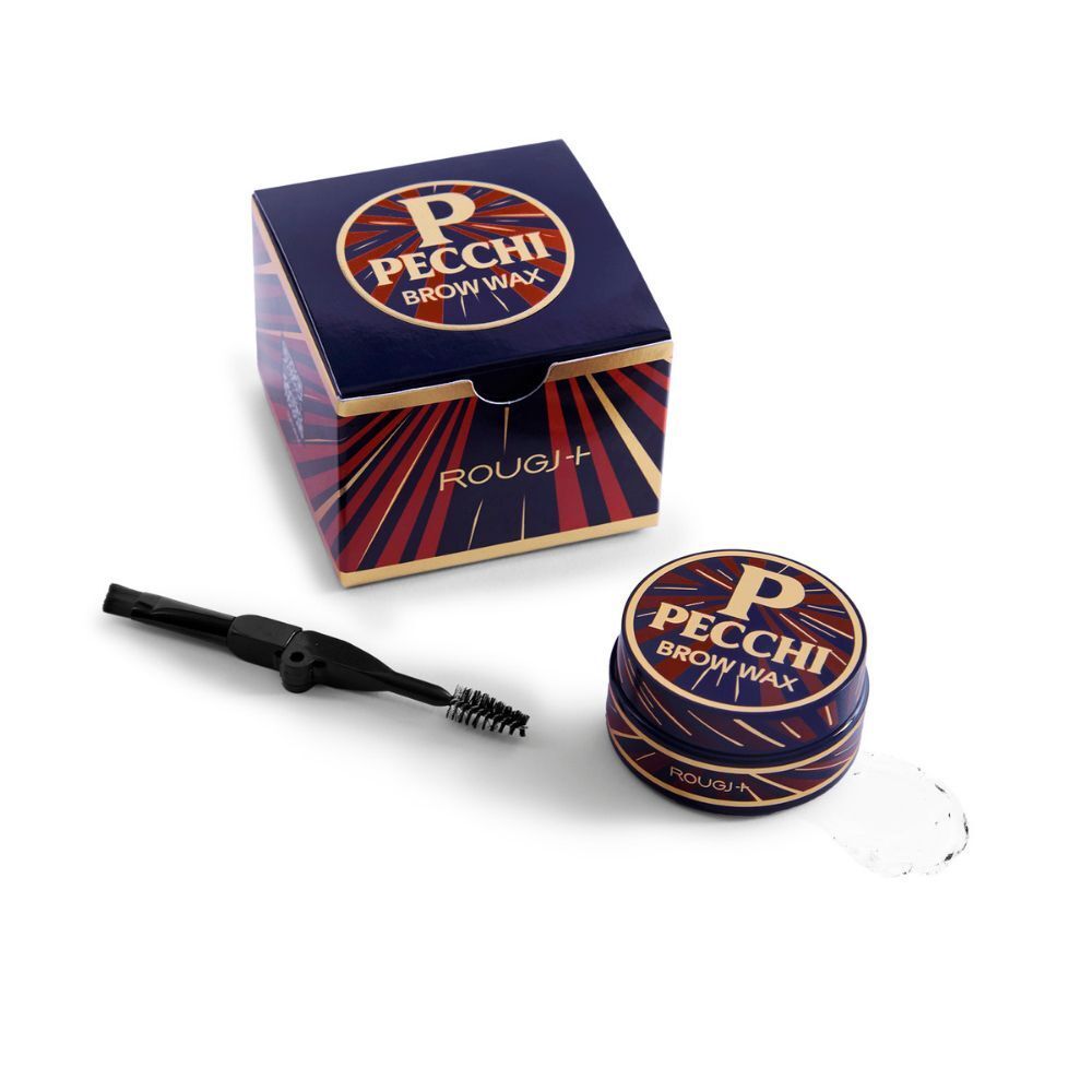 Set cera per sopracciglia Pecchi con vasetto e spazzolino. Scatola blu scuro con accenti dorati e rossi.