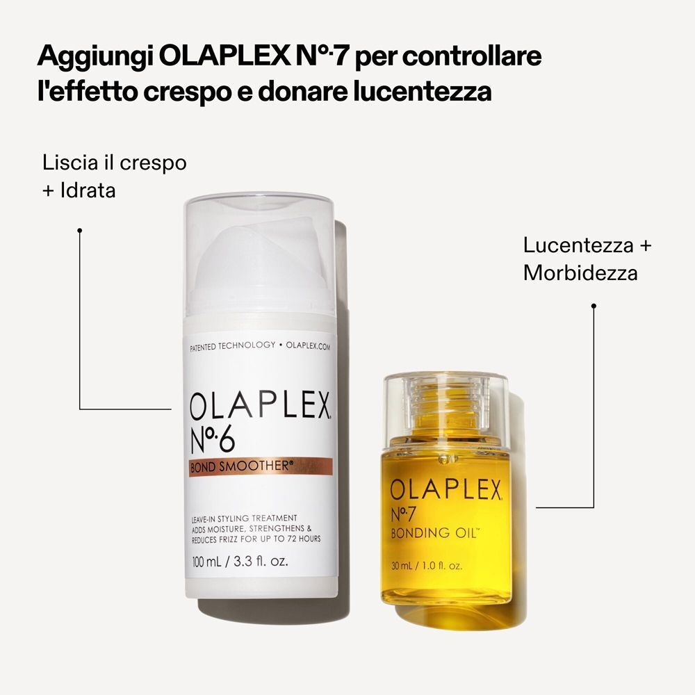 Olaplex N. 6 Bond Smoother e Olaplex N. 7 Bonding Oil uno accanto all'altro.