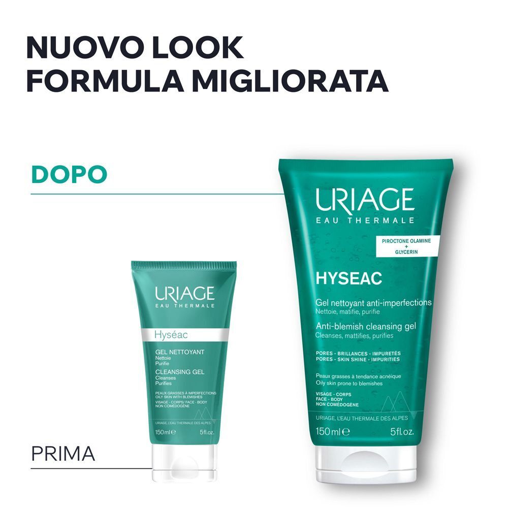 Confronto gel detergente Uriage Hyseac prima e dopo il nuovo look.