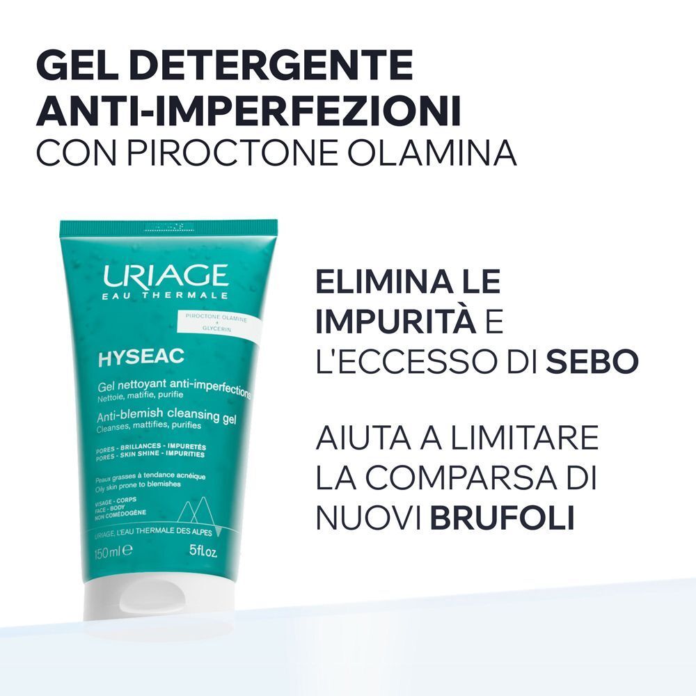 Gel detergente anti-imperfezioni Uriage Hyseac, 150ml, con Piroctone Olamina.