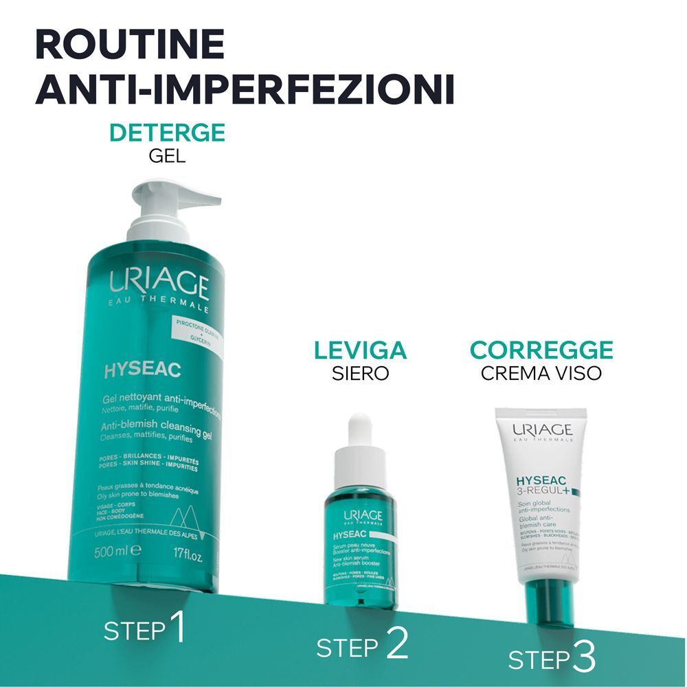 Routine Uriage Hyseac: Gel detergente, siero, crema viso.