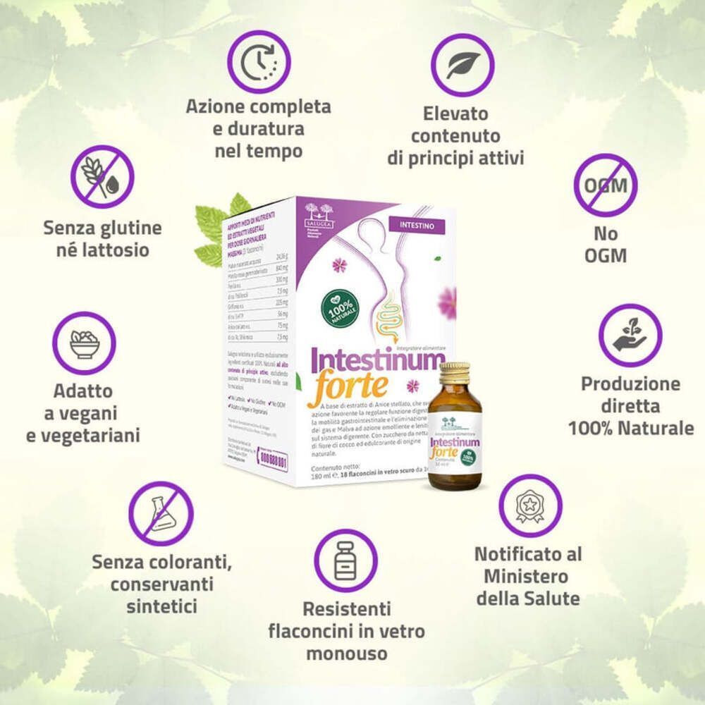 Intestinum Forte Salugea: senza glutine/lattosio, vegan, senza coloranti. 100% naturale.