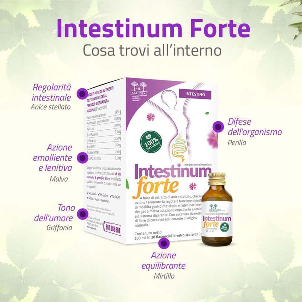 Intestinum Forte Salugea: ingredienti per regolarità intestinale, digestione e difese.