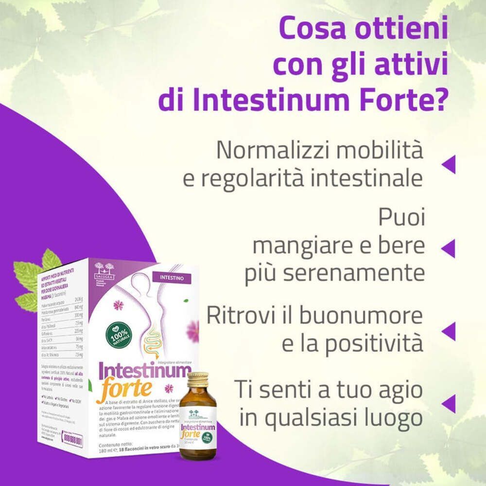 Confezione e flaconcino di Intestinum Forte con testo sui benefici.
