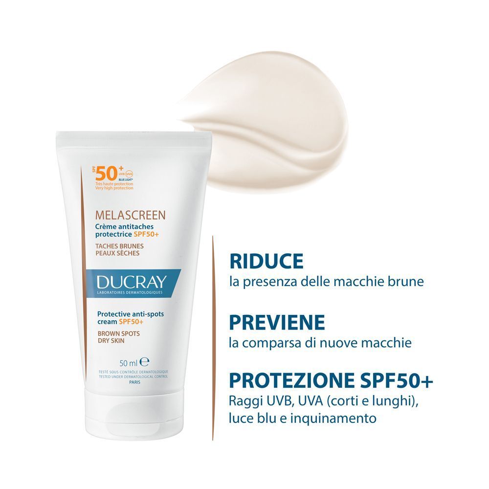 Crema Ducray Melascreen SPF50+ con campione di texture. Riduce e previene le macchie brune.