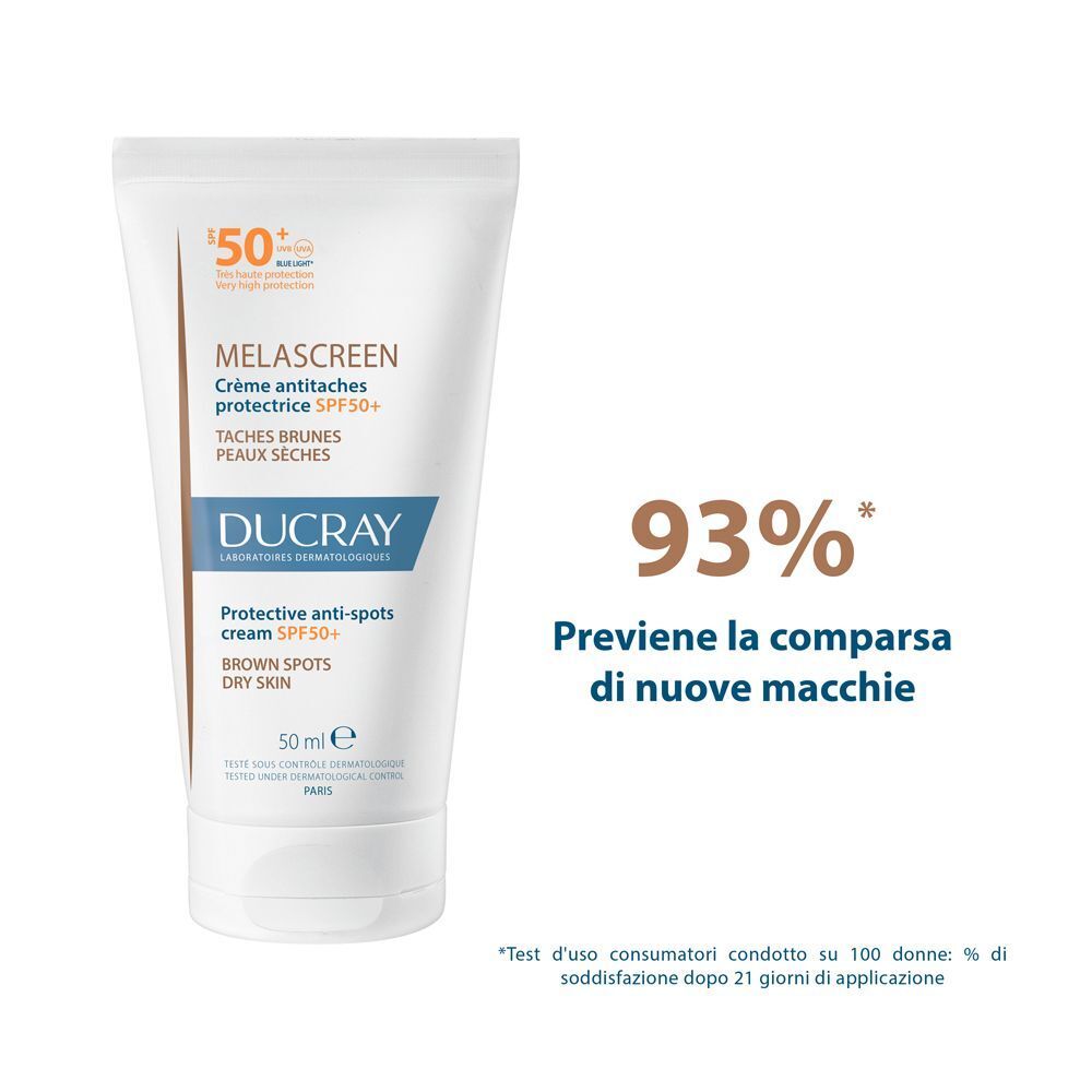 Crema Ducray Melascreen SPF 50+ con 93% di efficacia contro le nuove macchie.