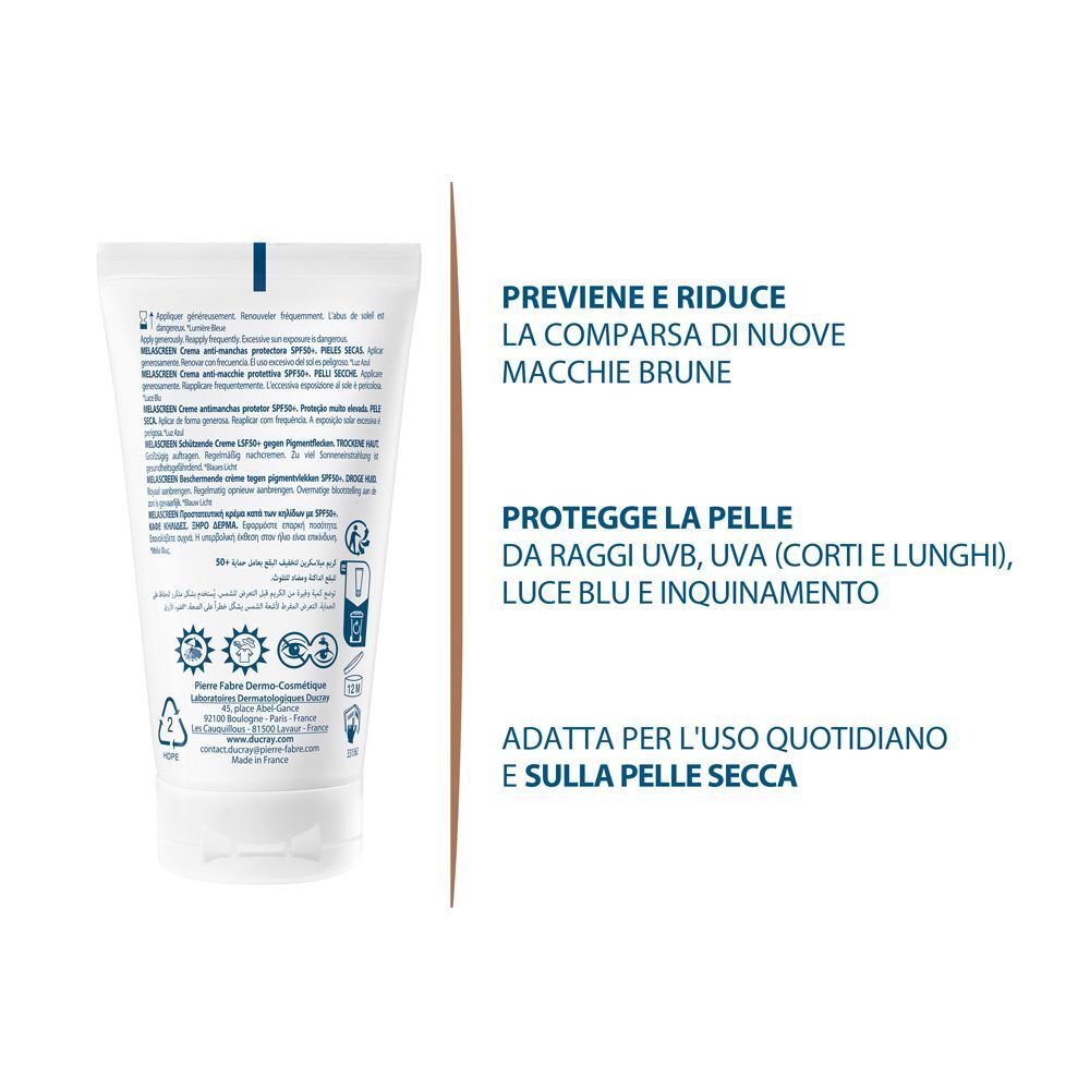 Retro del tubo di crema Ducray Melascreen con istruzioni e simboli.