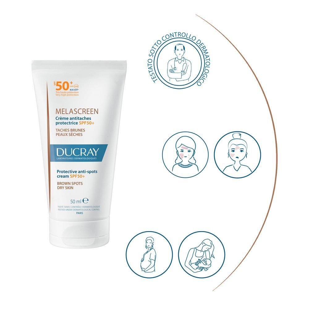 Crema Ducray Melascreen SPF 50+ con sigillo testato dermatologicamente ed esempi d'uso.
