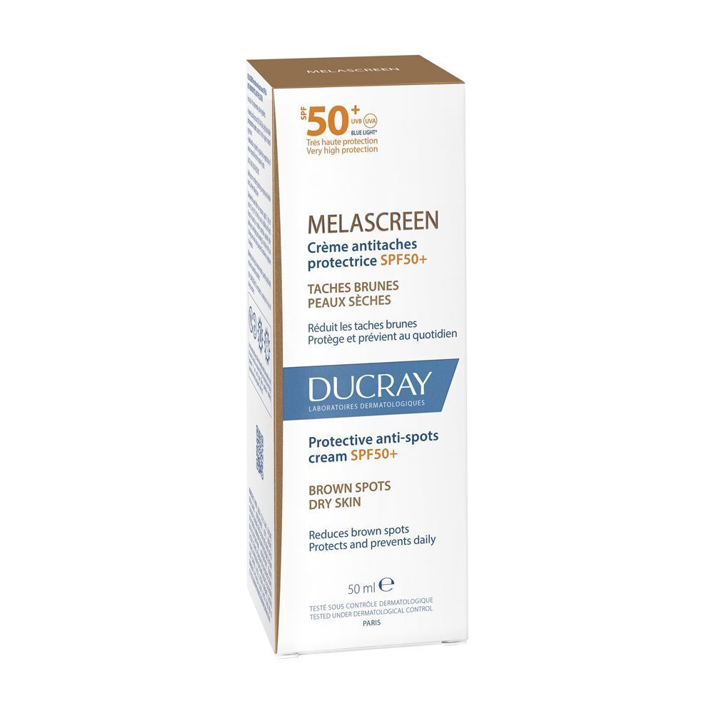 Confezione della crema Ducray Melascreen SPF 50+ con descrizione del prodotto.