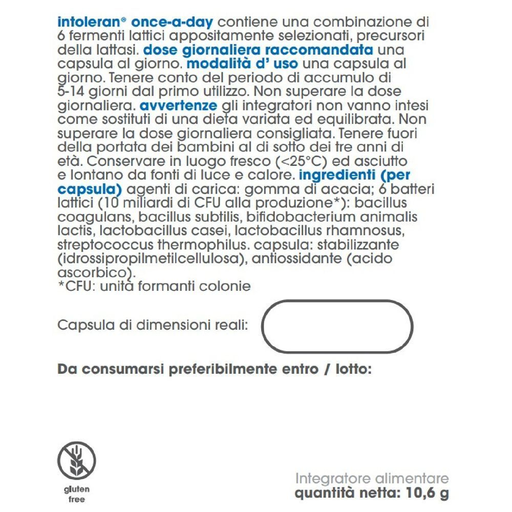 Retro di una confezione Intoleran con informazioni sul prodotto e sigillo senza glutine.