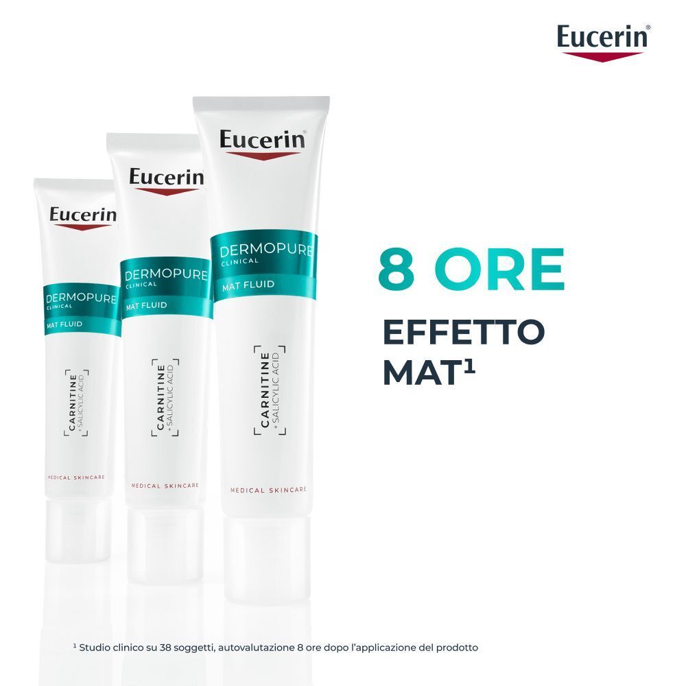 Tre tubetti Eucerin Dermopure Mat Fluid di diverse dimensioni, con testo '8 ore effetto mat'.