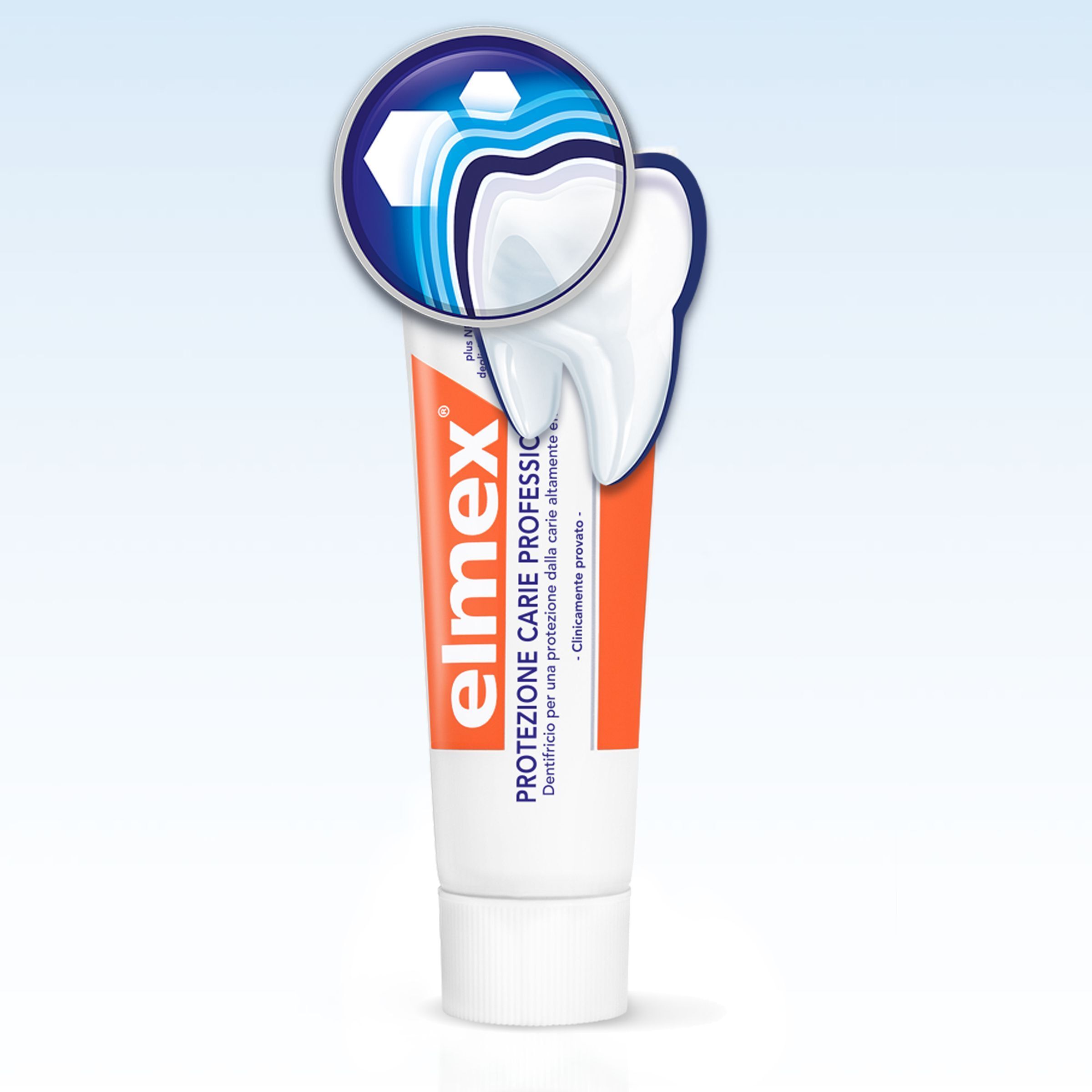 Tubo di dentifricio Elmex con grafica di dente e neutralizzazione acidi.