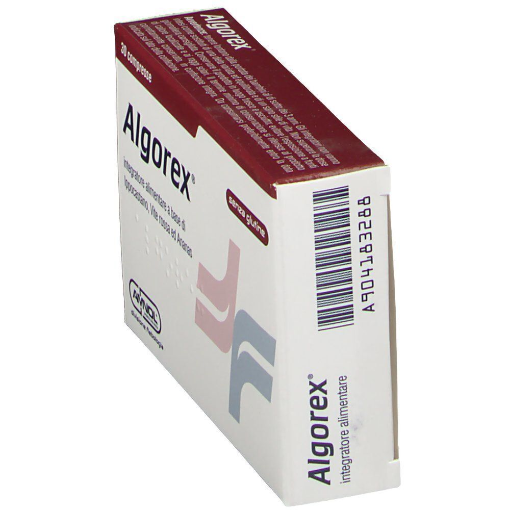 Una scatola di Algorex® Compresse, integratore alimentare, vista di lato.