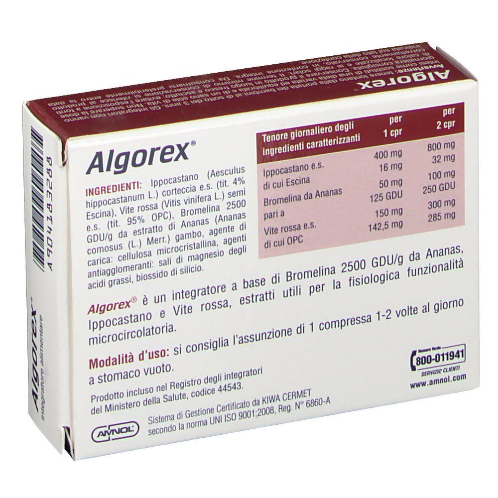 Retro di una scatola Algorex® Compresse con informazioni nutrizionali e dettagli del prodotto.