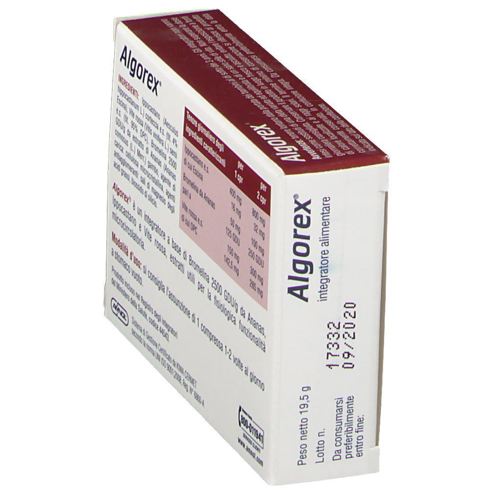 Vista laterale di una scatola Algorex® Compresse con numero di lotto e data di scadenza.