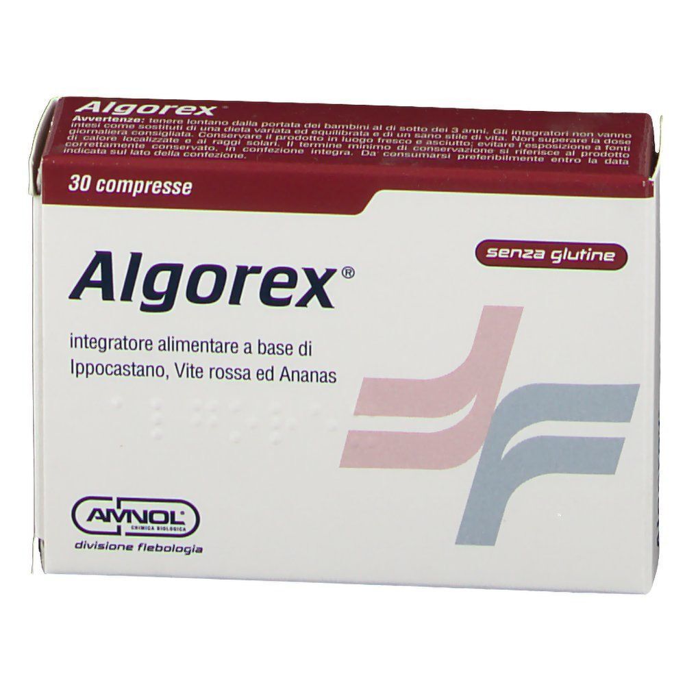 Fronte di una scatola Algorex® Compresse, 30 compresse, senza glutine.
