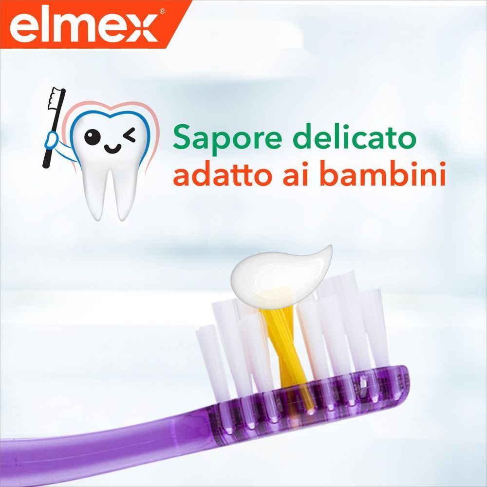 Spazzolino con dentifricio Elmex Junior. Sapore delicato adatto ai bambini.