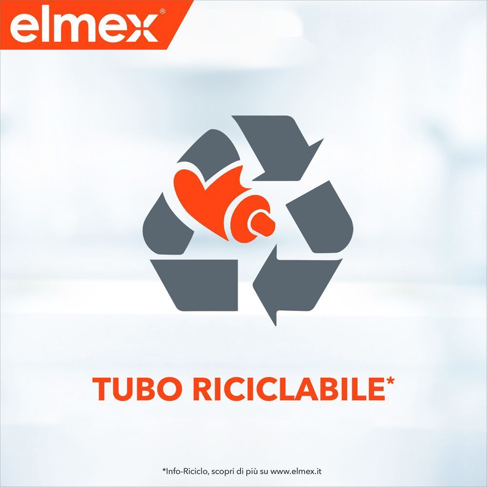 Simbolo di riciclo con tubetto di dentifricio Elmex. Tubo riciclabile.