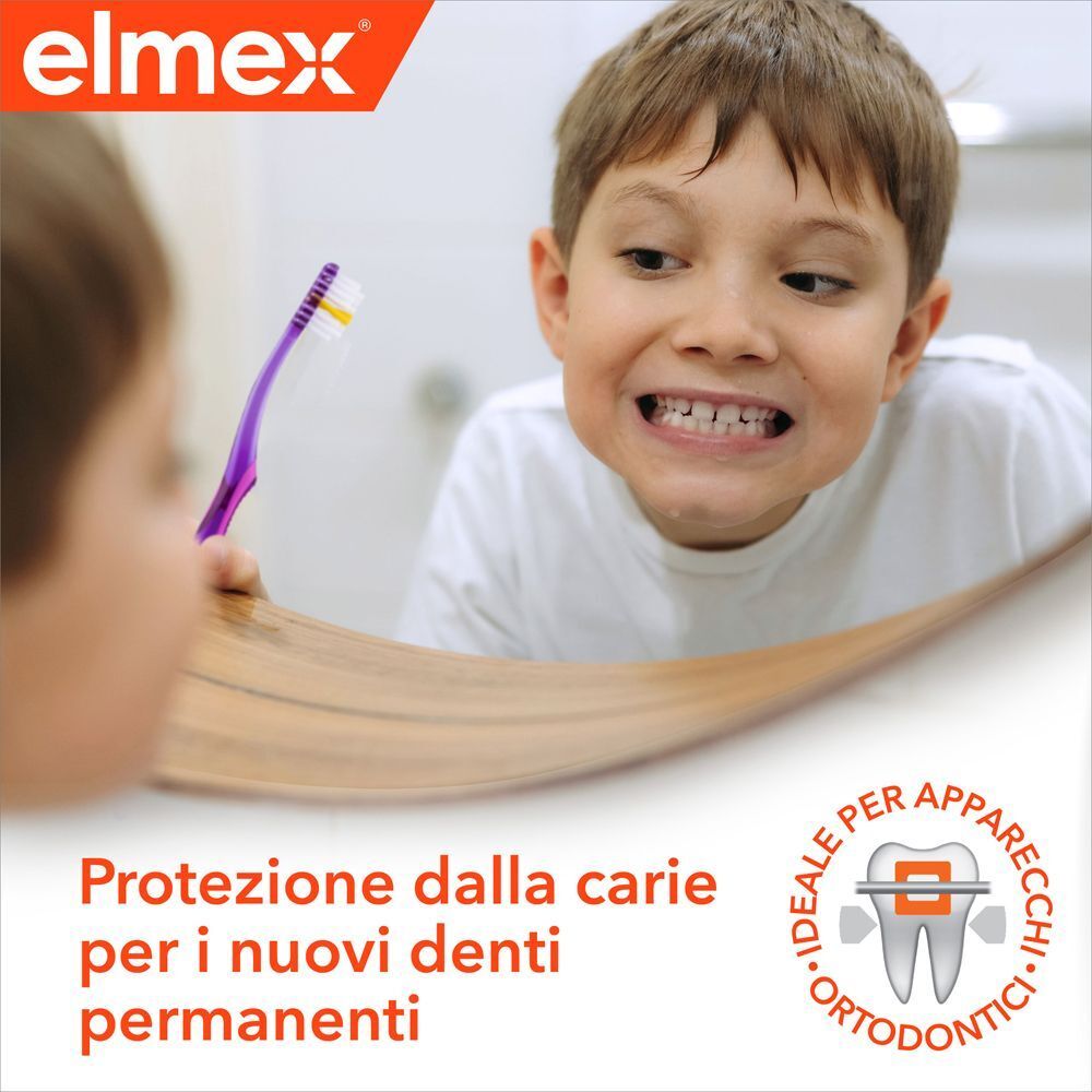 Ragazzo davanti allo specchio con spazzolino. Protezione carie per i nuovi denti permanenti.