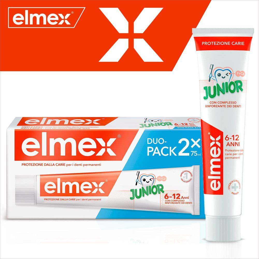 Confezione di dentifricio Elmex Junior e un tubetto singolo.