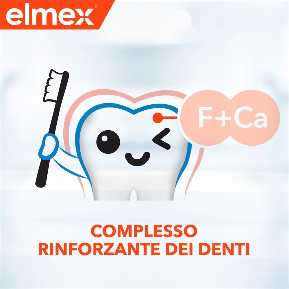 Figura di dente animata con simbolo F+Ca, che rinforza lo smalto.