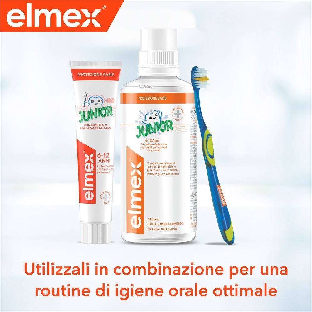 Dentifricio Elmex Junior, collutorio e spazzolino.