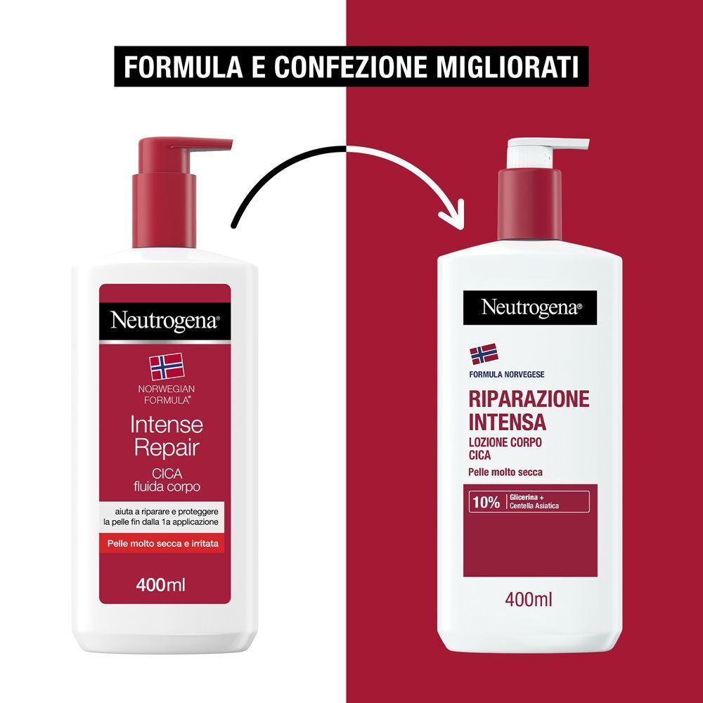 Confronto tra due flaconi di crema corpo Neutrogena: vecchia e formula migliorata.