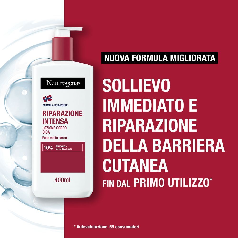 Flacone di Lozione Neutrogena Intense Repair Cica accanto al testo su sollievo e riparazione immediati.
