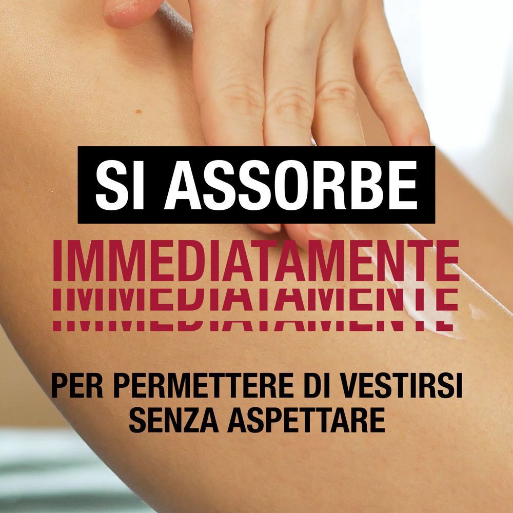 Mano che applica la lozione sulla gamba, testo sull'assorbimento immediato.