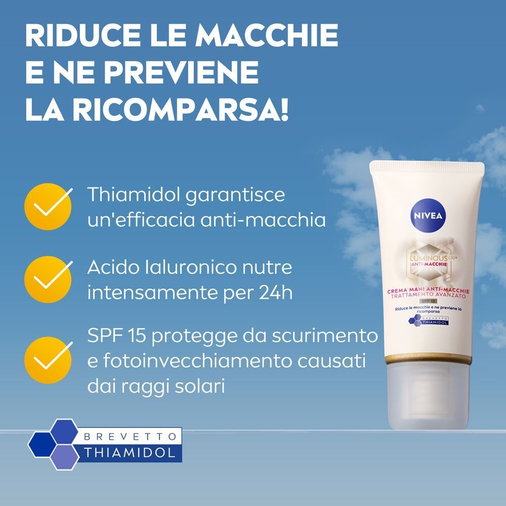 Crema mani Nivea Luminous630 SPF 15. Riduce e previene le macchie. Con Thiamidol.