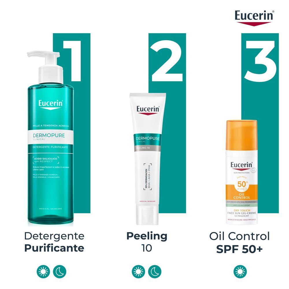 Il sistema di cura Eucerin Dermopure: detergente, peeling 10 e protezione solare.