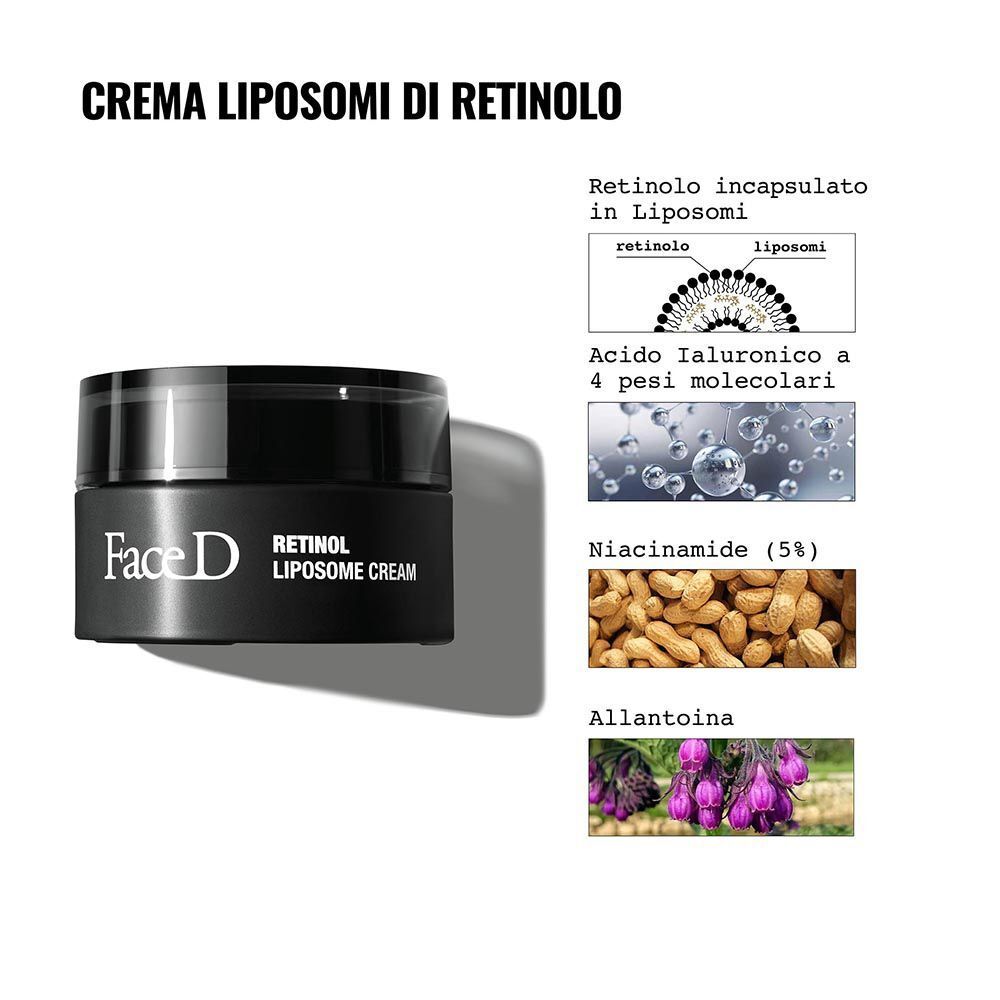 Vasetto di Face D Retinol Liposome Cream con infografica sugli ingredienti.