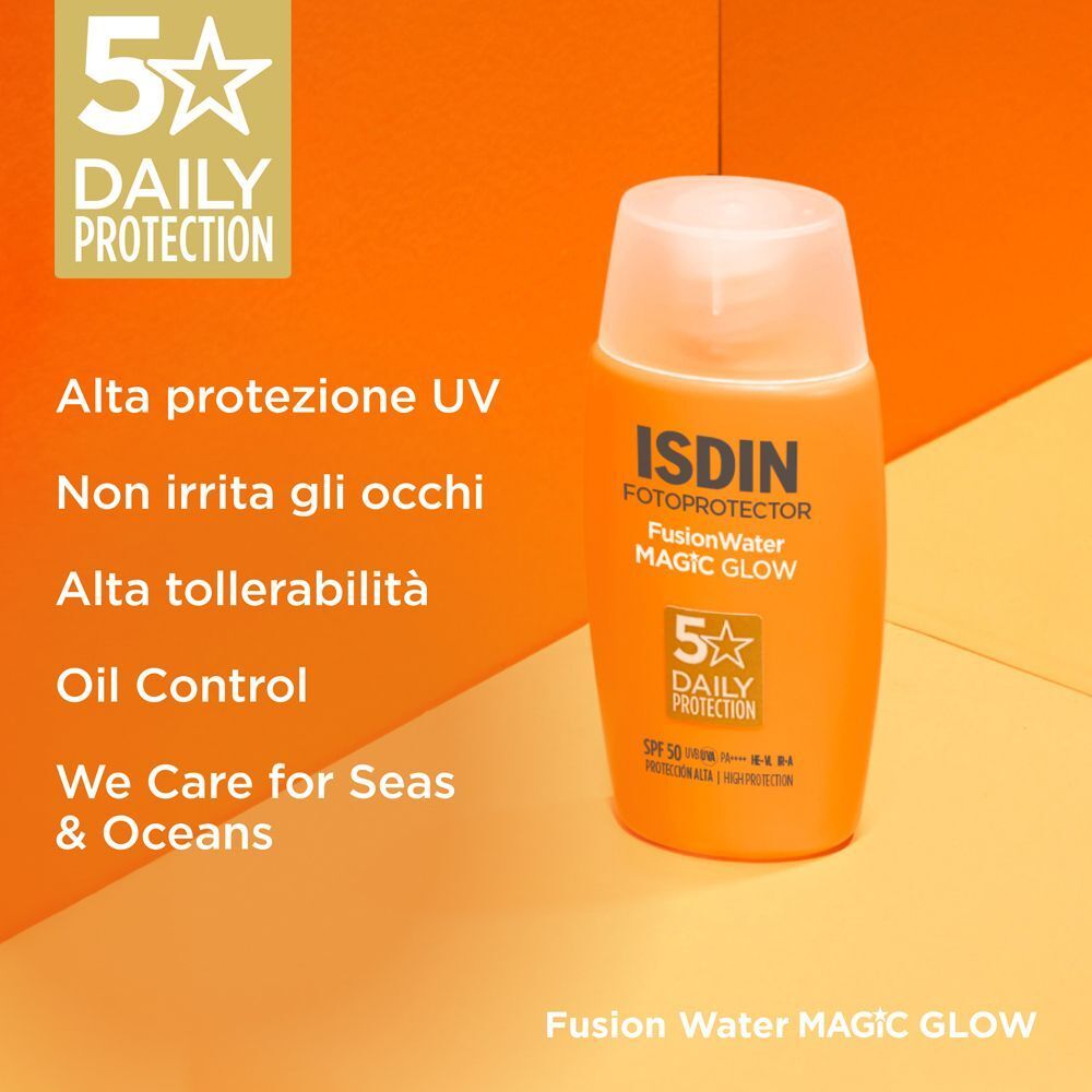 Flacone ISDIN Fotoprotector Fusion Water Glow SPF50 accanto a testo su protezione UV.