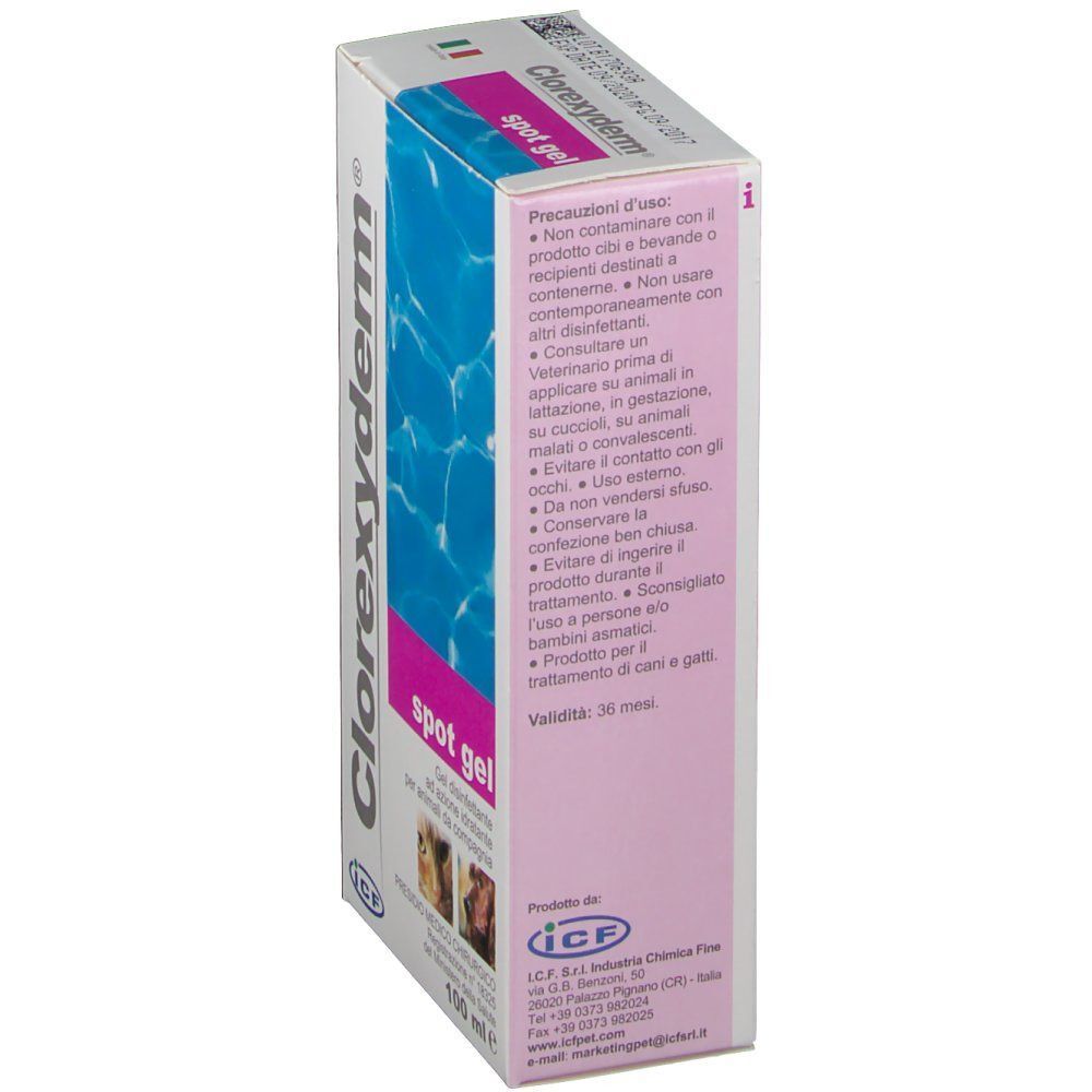 Retro di una confezione di Clorexyderm Spot Gel con istruzioni per l'uso.