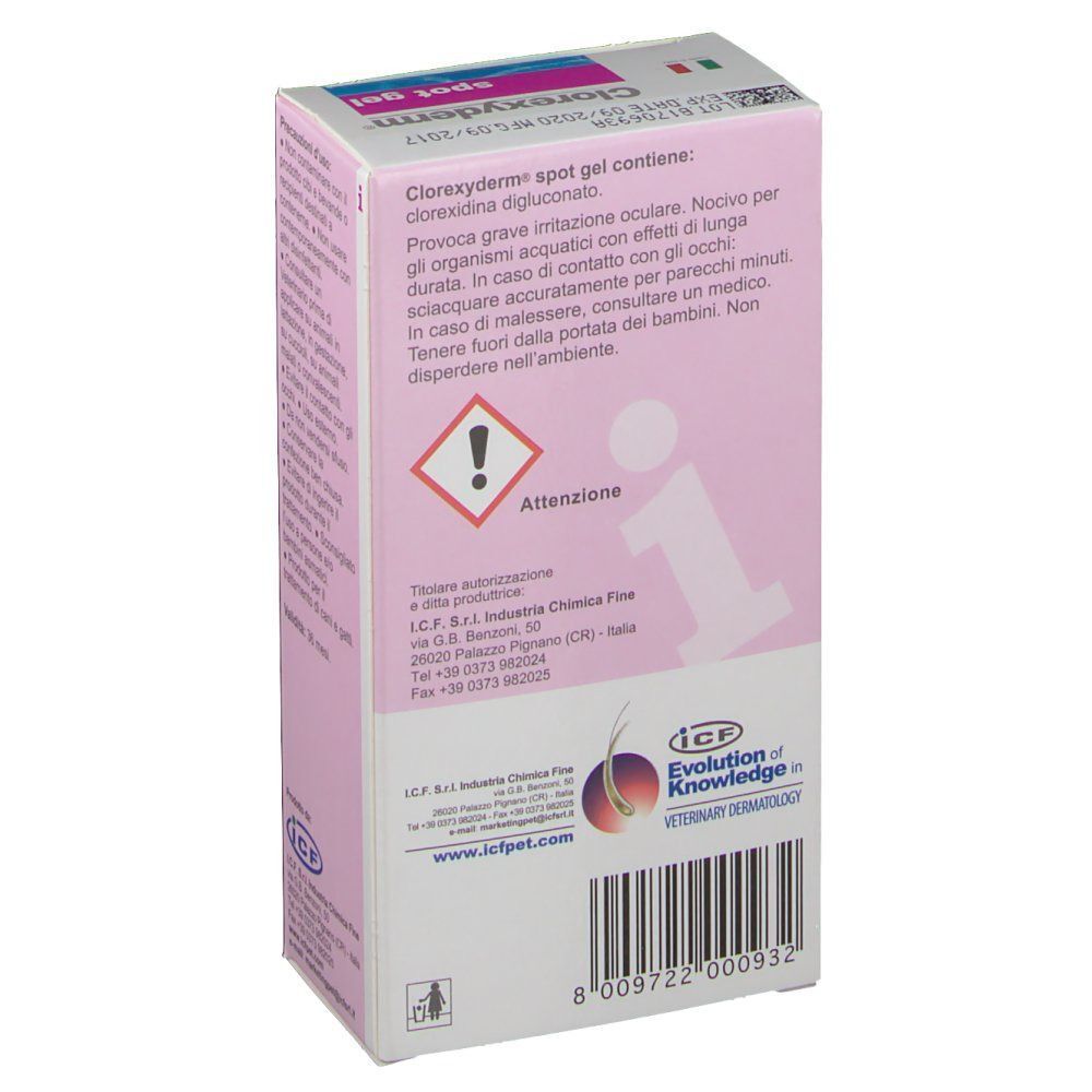 Vista laterale di una confezione di Clorexyderm Spot Gel con avvertenze.