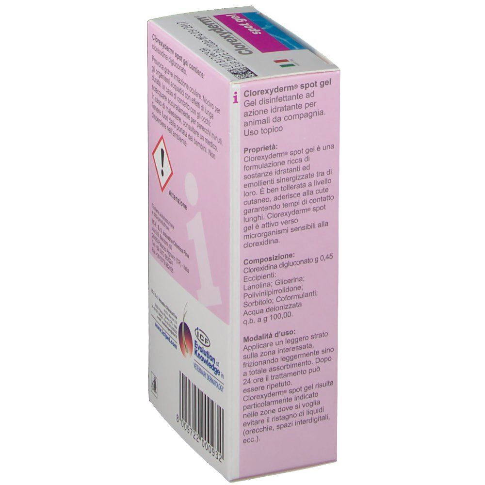 Vista laterale di una confezione di Clorexyderm Spot Gel con composizione e modalità d'uso.