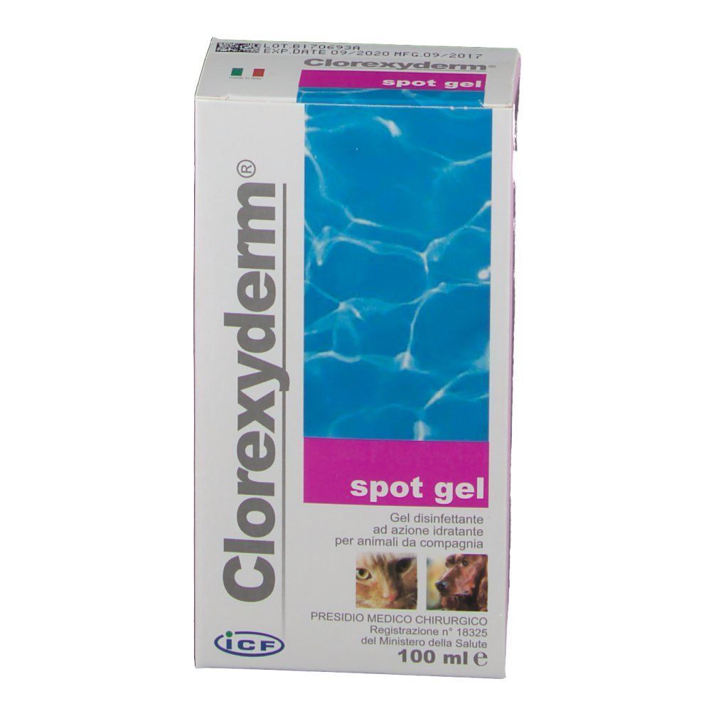 Fronte di una confezione di Clorexyderm Spot Gel, 100 ml.