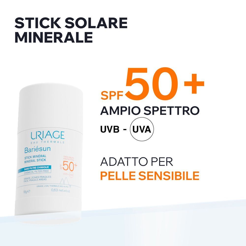 Uno stick di protezione solare bianco con SPF 50+ e logo Uriage Bariésun, accanto a testo sulla protezione ad ampio spettro.