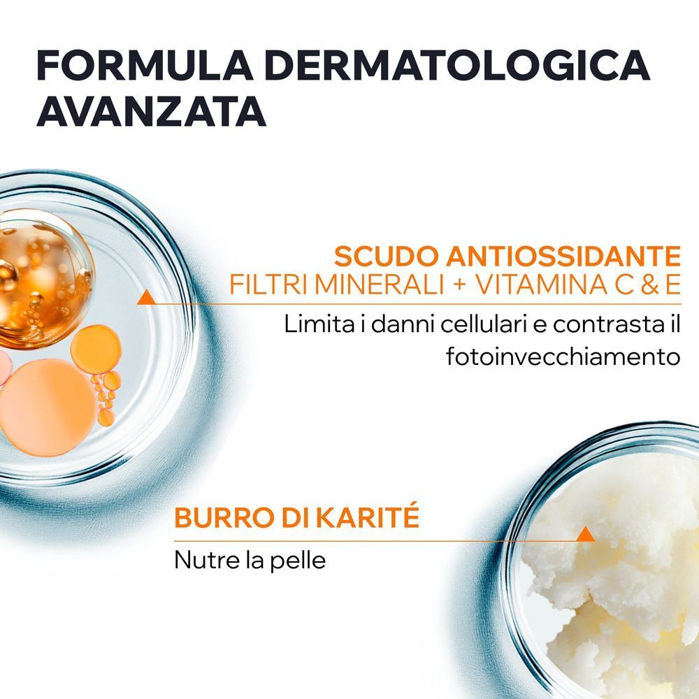 Rappresentazione di ingredienti come Vitamina C, E e Burro di Karité per una formula avanzata di protezione solare.
