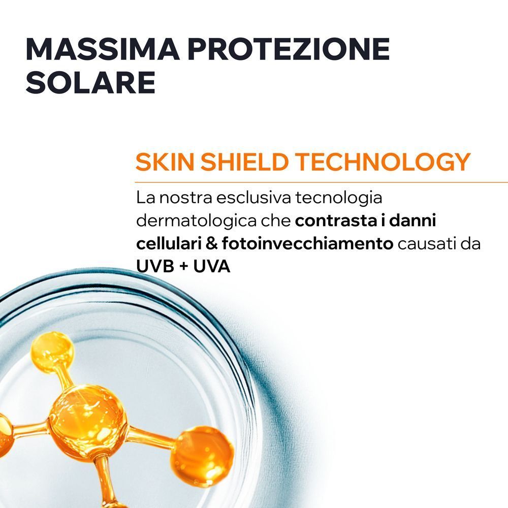 Grafica che mostra la Skin Shield Technology con struttura molecolare per contrastare i danni UV.