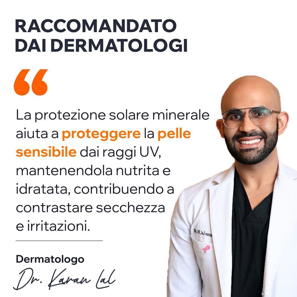 Ritratto di un dermatologo che spiega i benefici della protezione solare minerale per pelli sensibili.