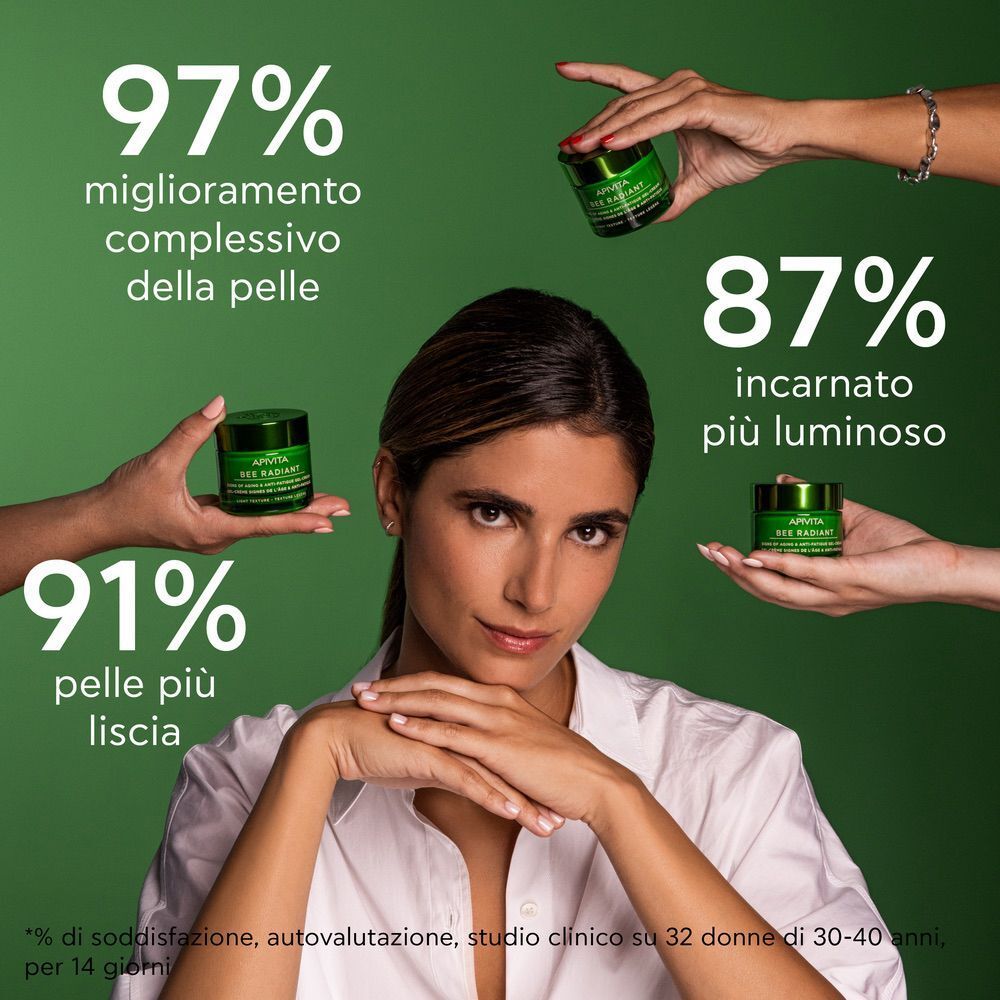 Mani che tengono un vasetto di Gel-Crema APIVITA Bee Radiant, donne con risultati.